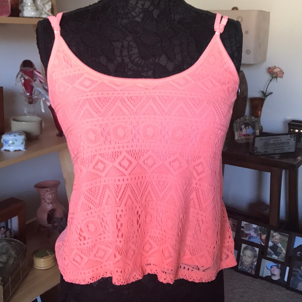 PINK CORAL CROCHET LACE SPAGHETTI STRAP CAMISOLE