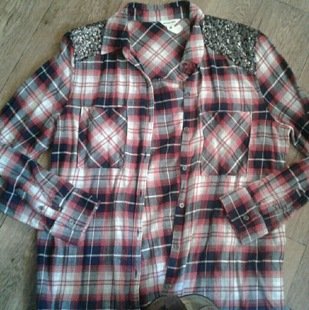 SOLD on merc.   Plaid sequin shoulder button down