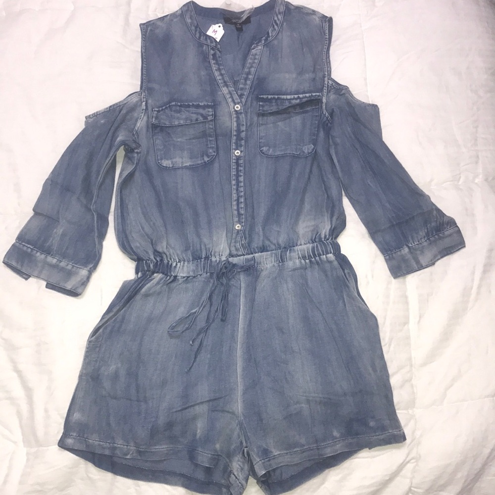 Soft Denim Cut-Out Shoulder 3/4 Sleeve Romper