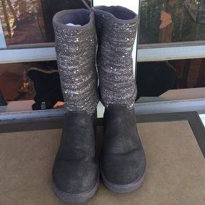 Authentic Ugg Gunmetal Suede, Sequin Knit Boots