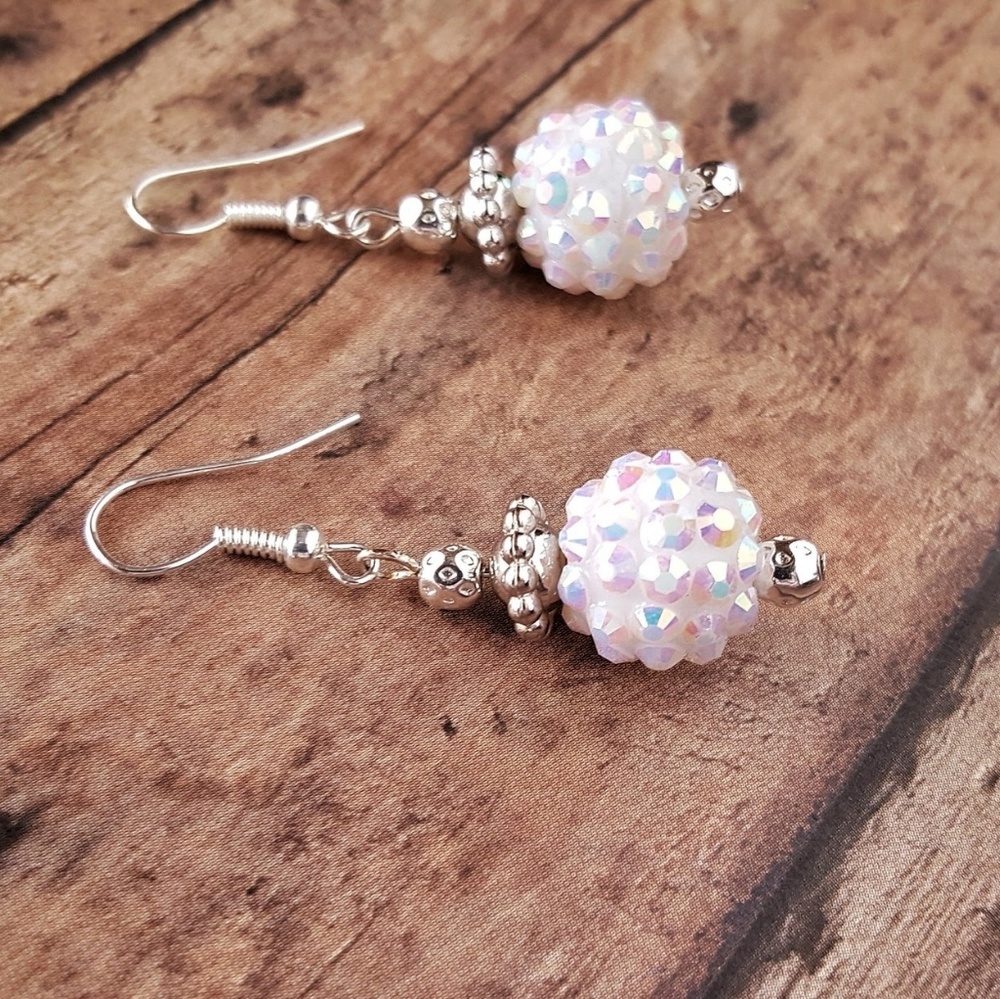 White Snowball Earrings, Beaded Dangle Earrings