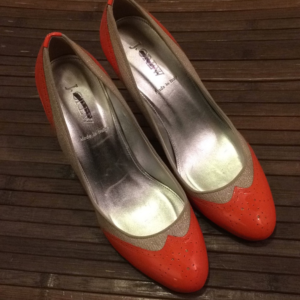 J. Crew orange/silver patent leather heels 8.5