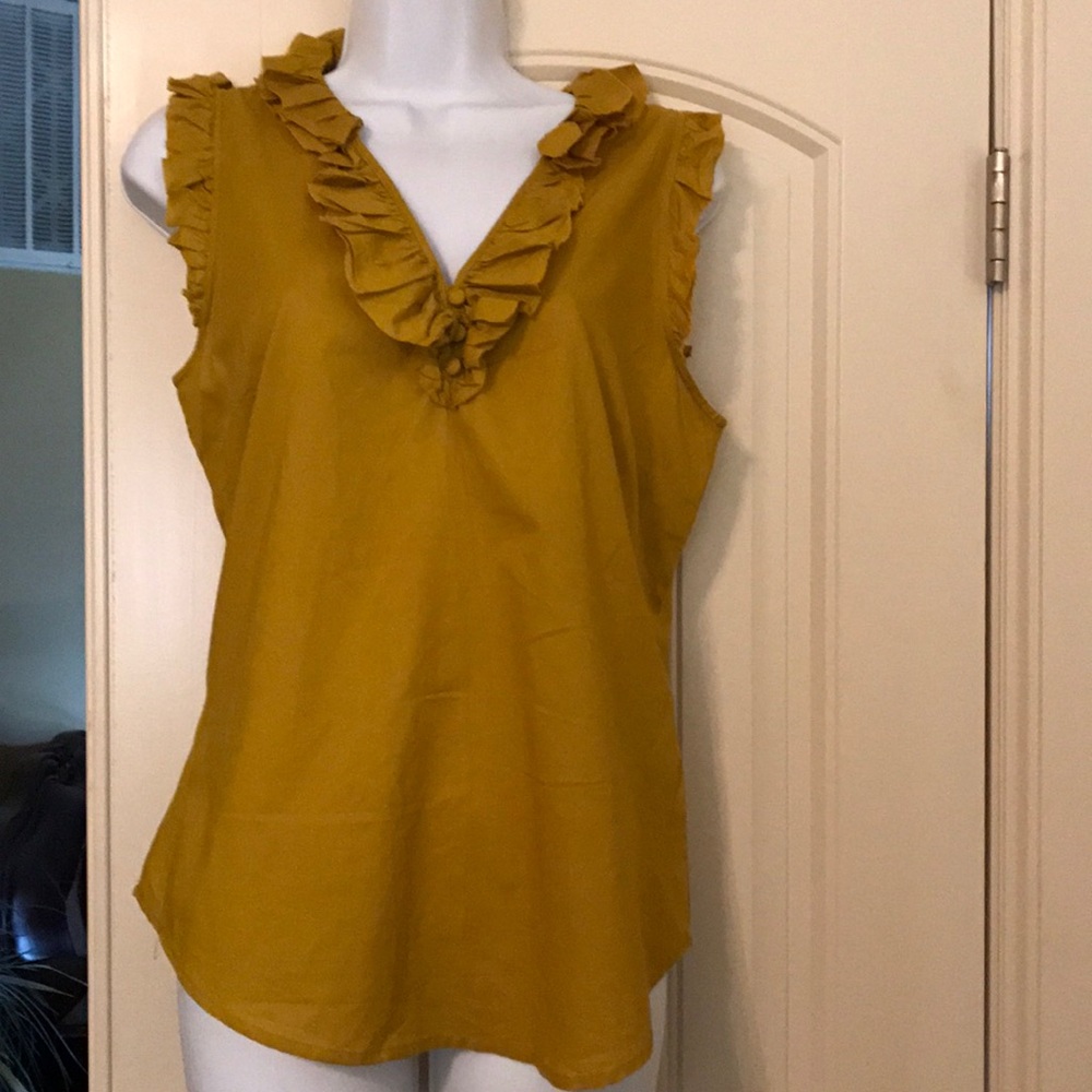 Elle mustard ruffled v-neck blouse, medium.