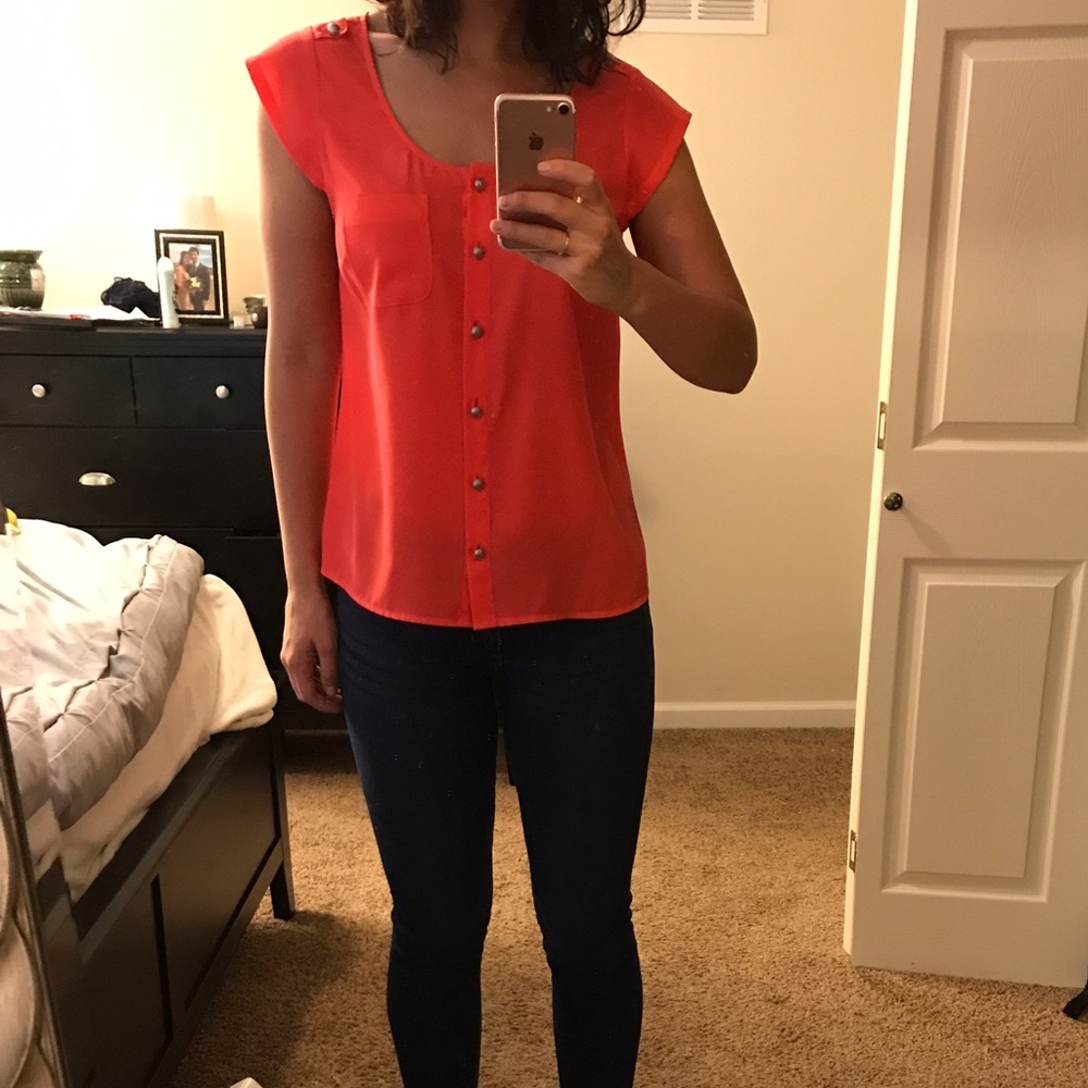 Bright Coral cap sleeve button up blouse size S