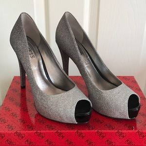 Guess Silver Black Patent Platform Peep-toe