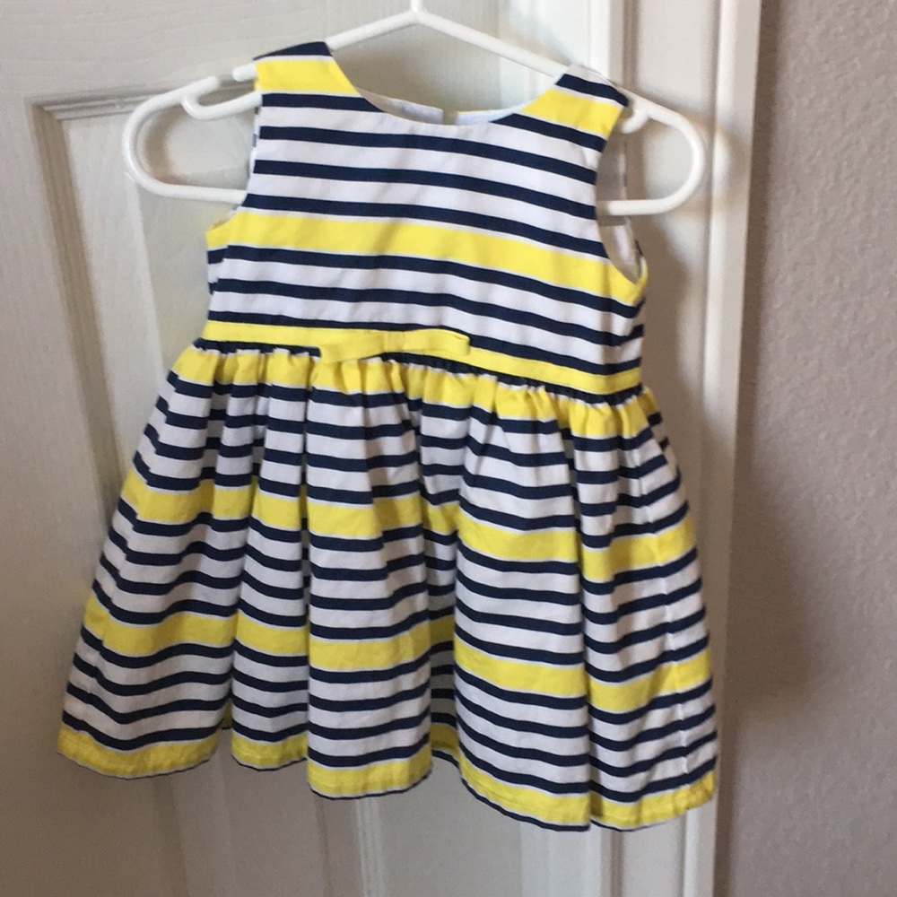 Blue yellow and white striped dress