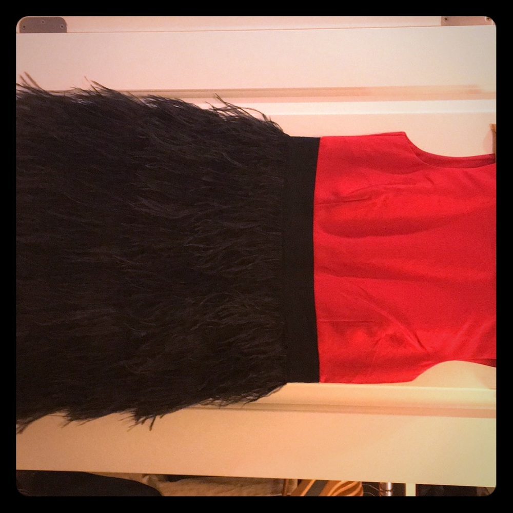 Red and black sail to sable dress with feathers