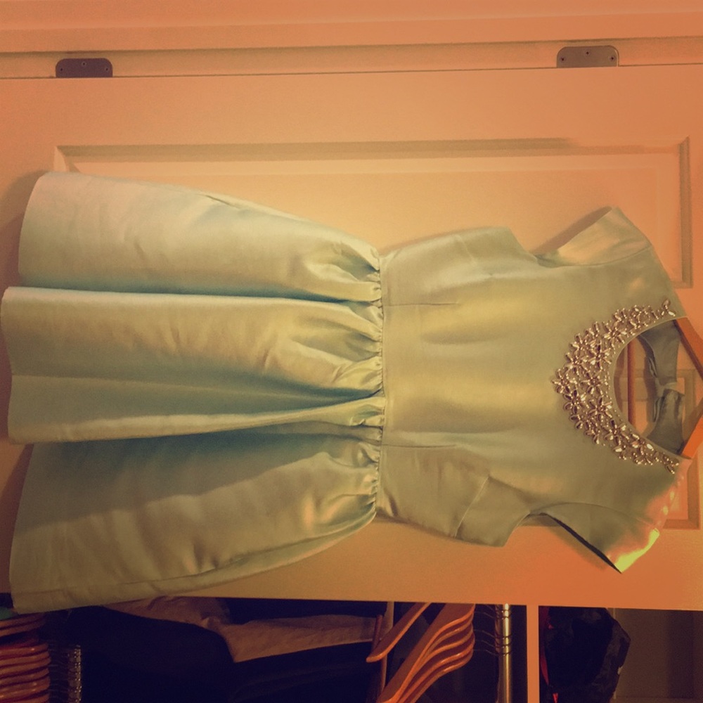 Light blue satin Kate Spade dress with silver bead