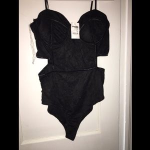 Black lace bustier side cut out bodysuit leotard