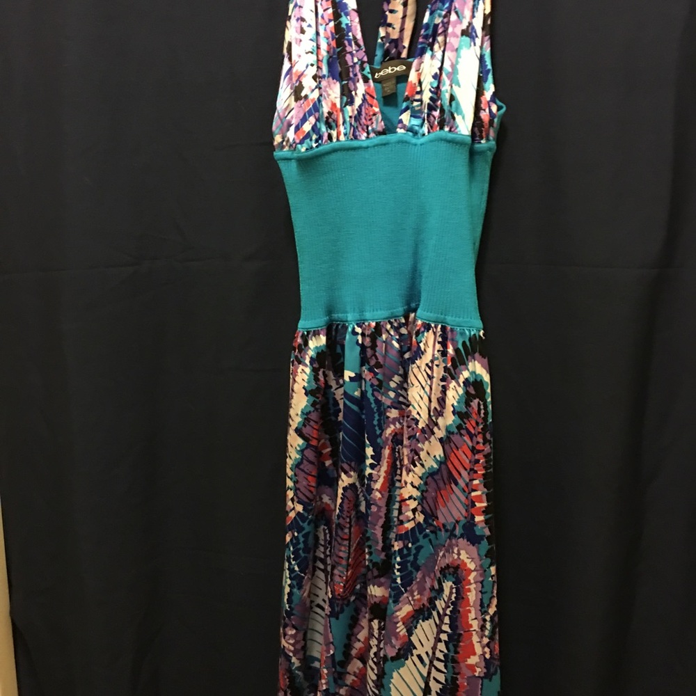Bebe  halter dress, turquoise multicolor