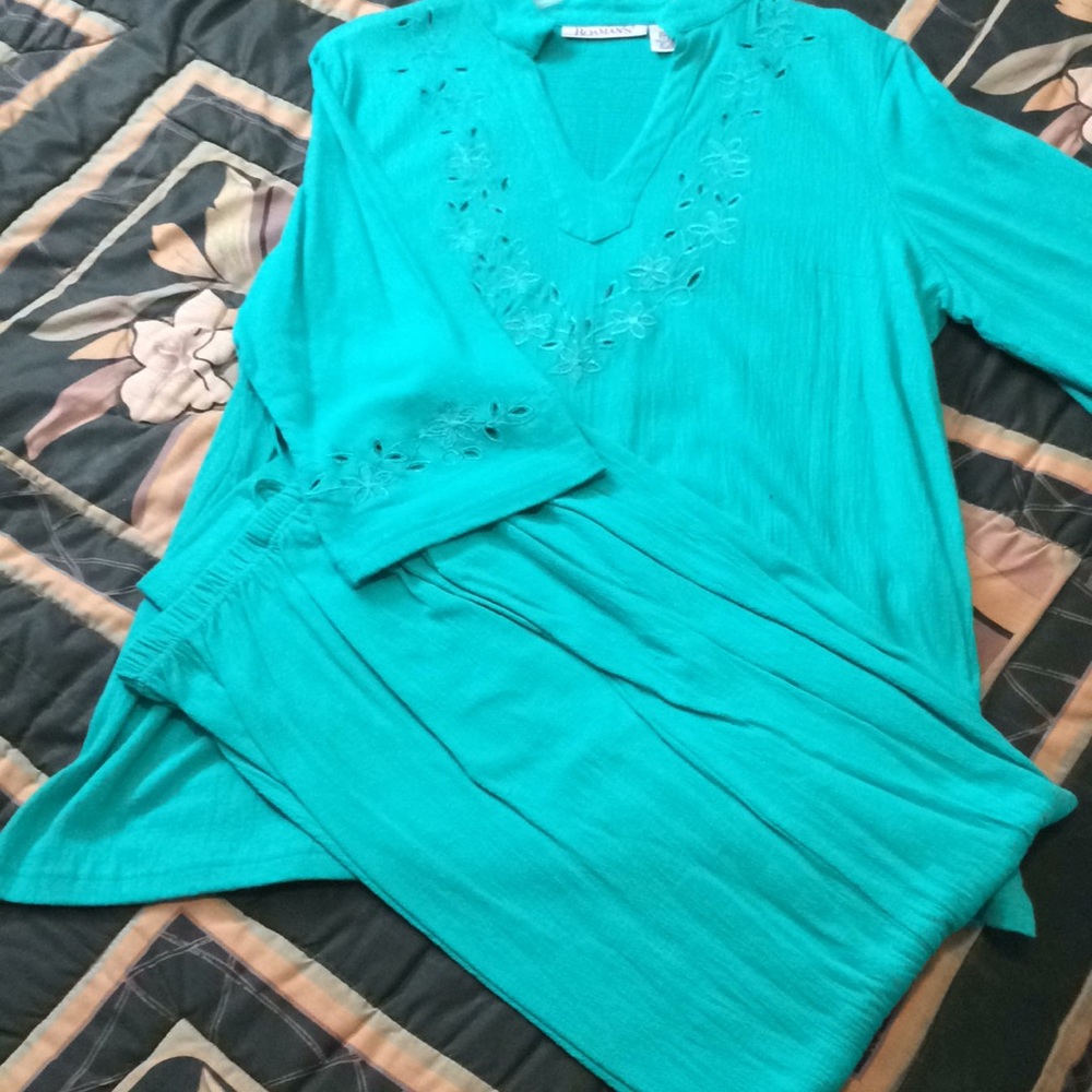 Aqua pants & tunic with embroidered neck &sleeves