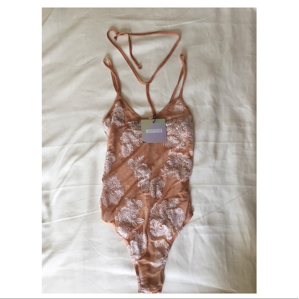 TAGS STILL ATTACHED nude lace "tie neck" bodysuit