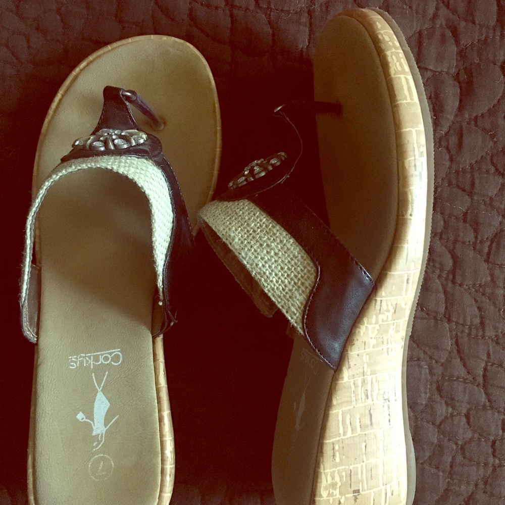 Wedges black with cork and rhinestone on top