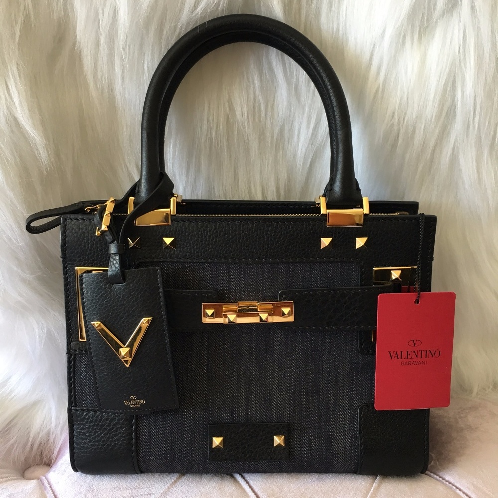 NEW VALENTINO Black Leather and Denim Crossbody