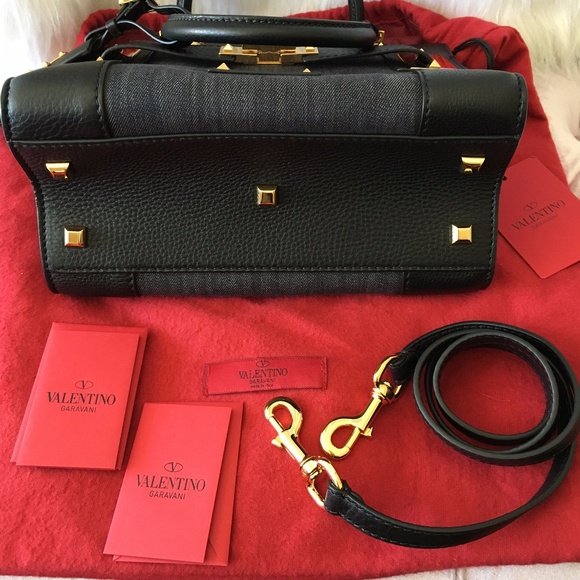 NEW VALENTINO Black Leather and Denim Crossbody - Picture 3 of 8