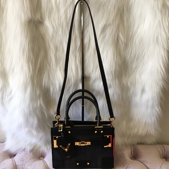 NEW VALENTINO Black Leather and Denim Crossbody - Picture 4 of 8