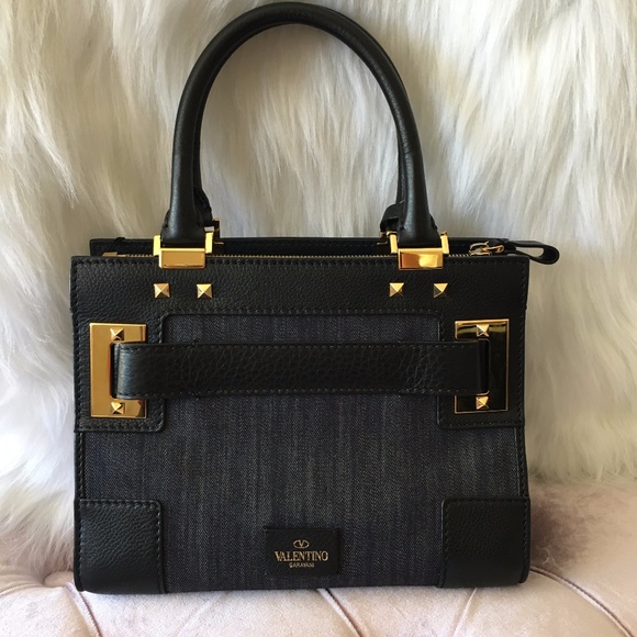NEW VALENTINO Black Leather and Denim Crossbody - Picture 2 of 8