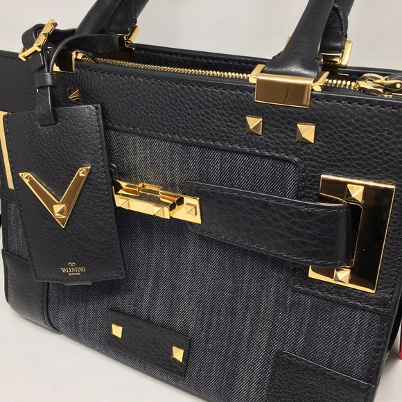 NEW VALENTINO Black Leather and Denim Crossbody - Picture 6 of 8