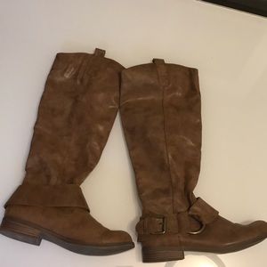 Tall tan flat boots, gently worn