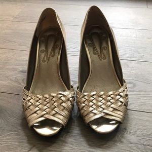 Satin Gold Dressy Wedges