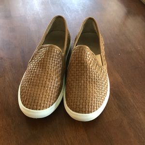 J Slides Calina Tan Leather Woven Slip-On Sneakers