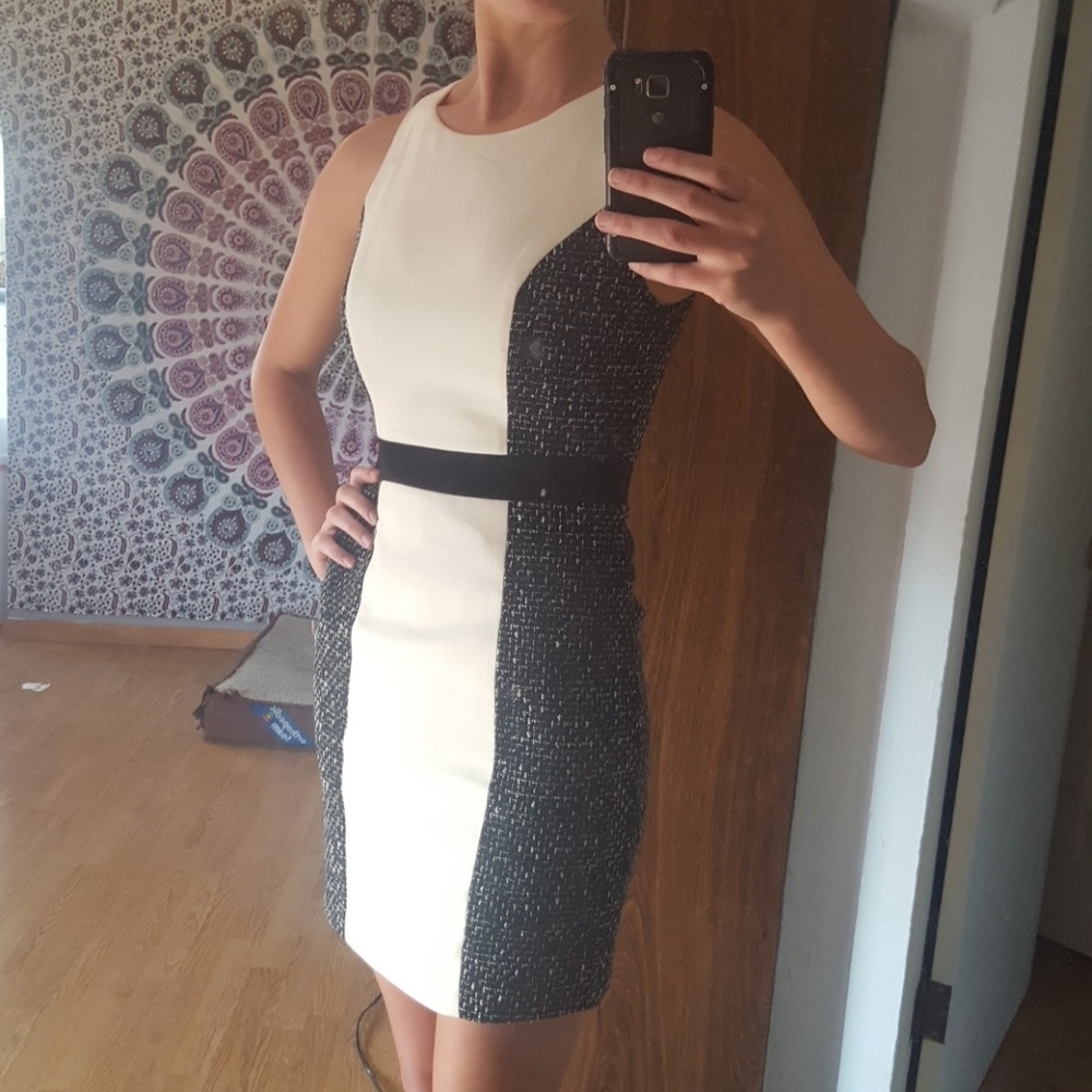 High-cut Ivory Wool Dress + Black Tweed Detail