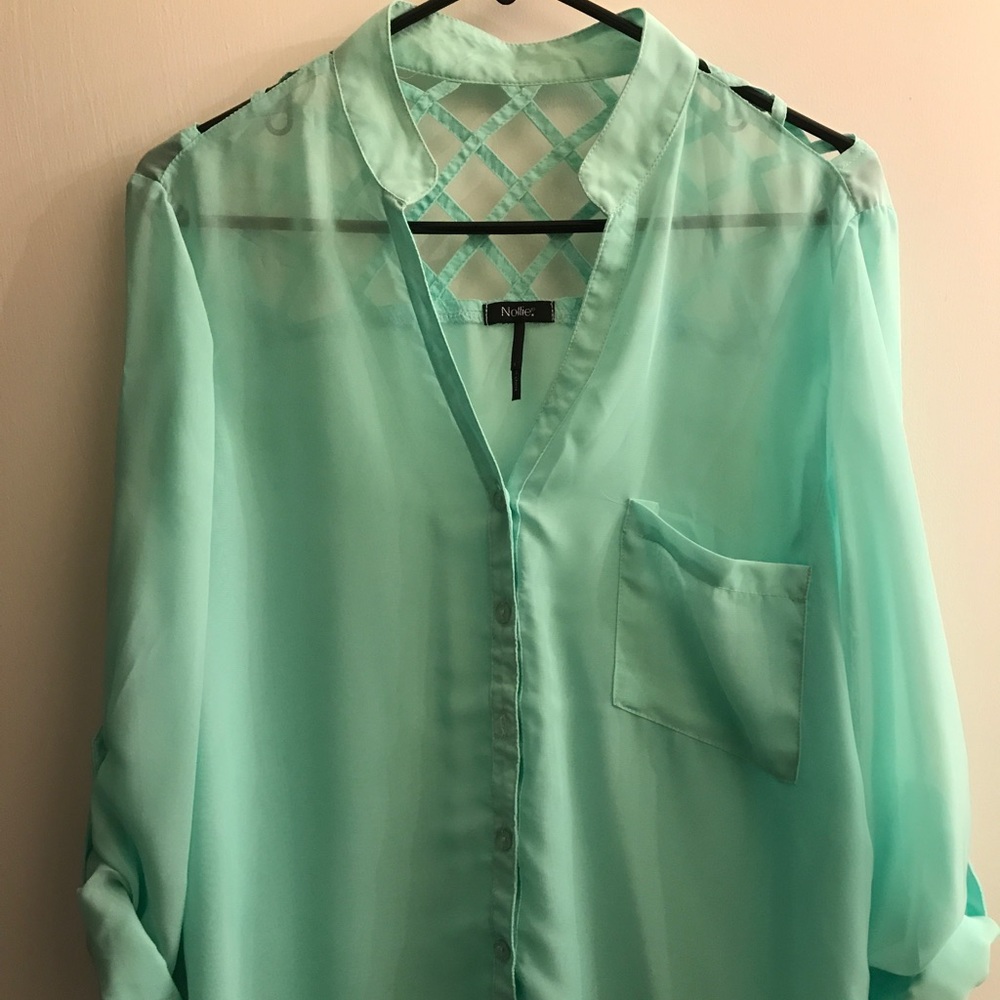 Turquoise shear long sleeve button down shirt
