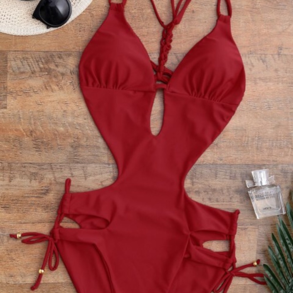 Zaful Lace up Stripes Swimwear - Red