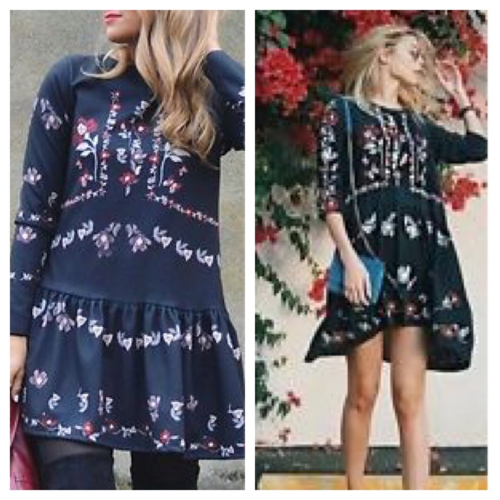 Zara navy blue Floral embroidered tunic dress - Picture 3 of 7
