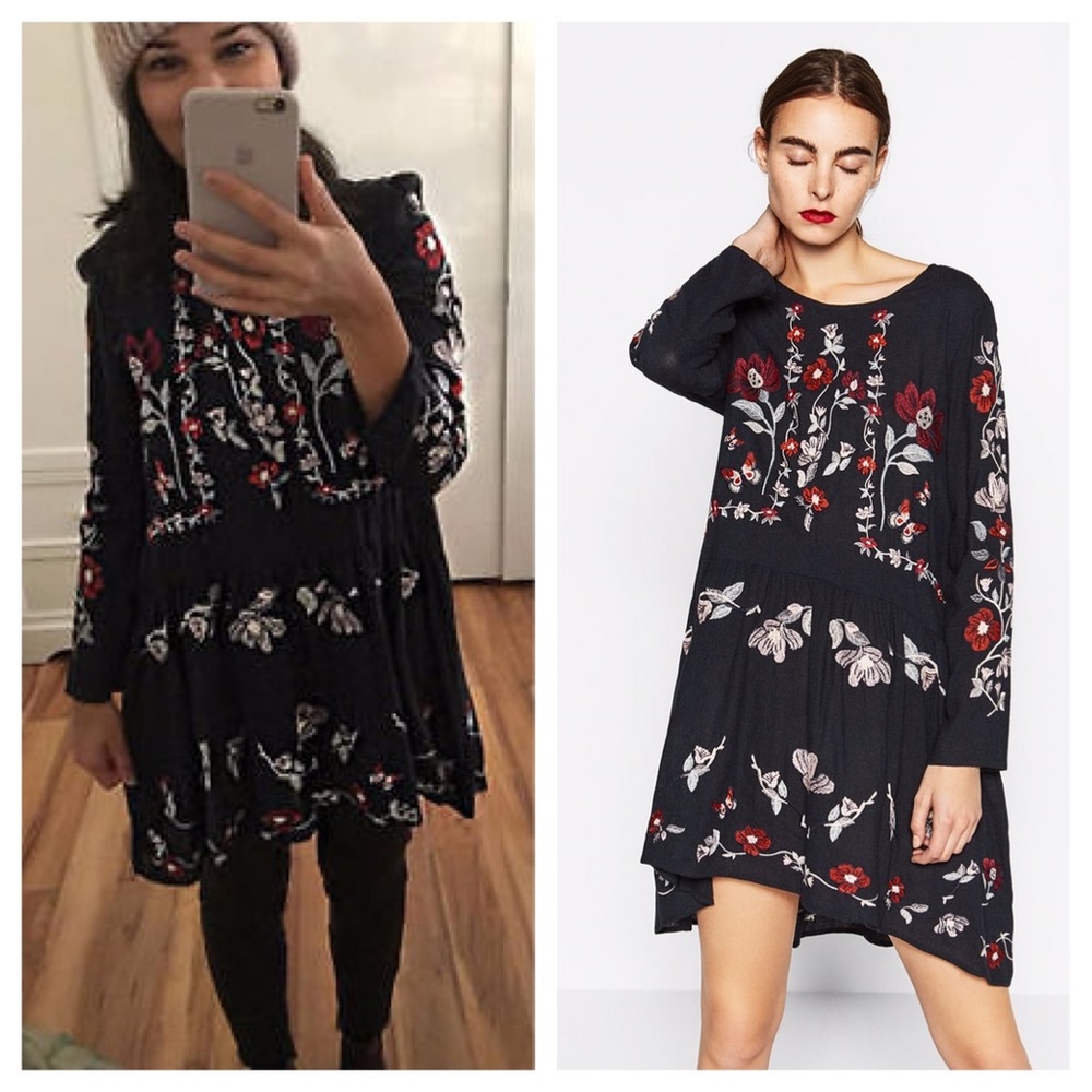Zara navy blue Floral embroidered tunic dress - Picture 4 of 7