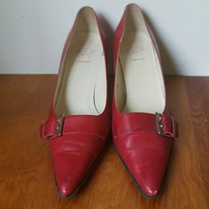Circa red leather buckle shoes, size 7.5