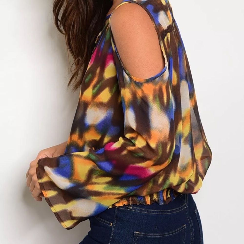 Chiffon multi color cold shoulder top size L.