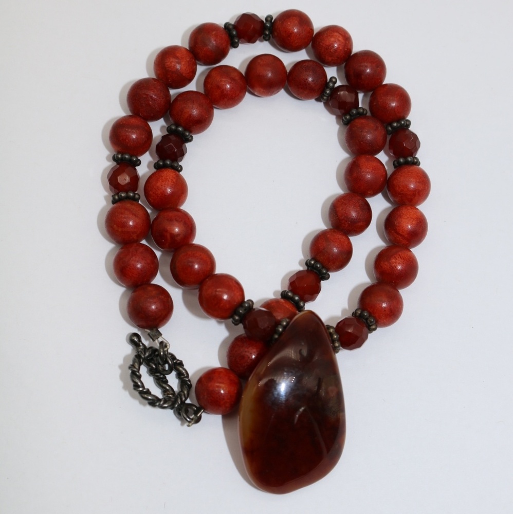 Glass Beaded Red Necklace with Stone Pendant