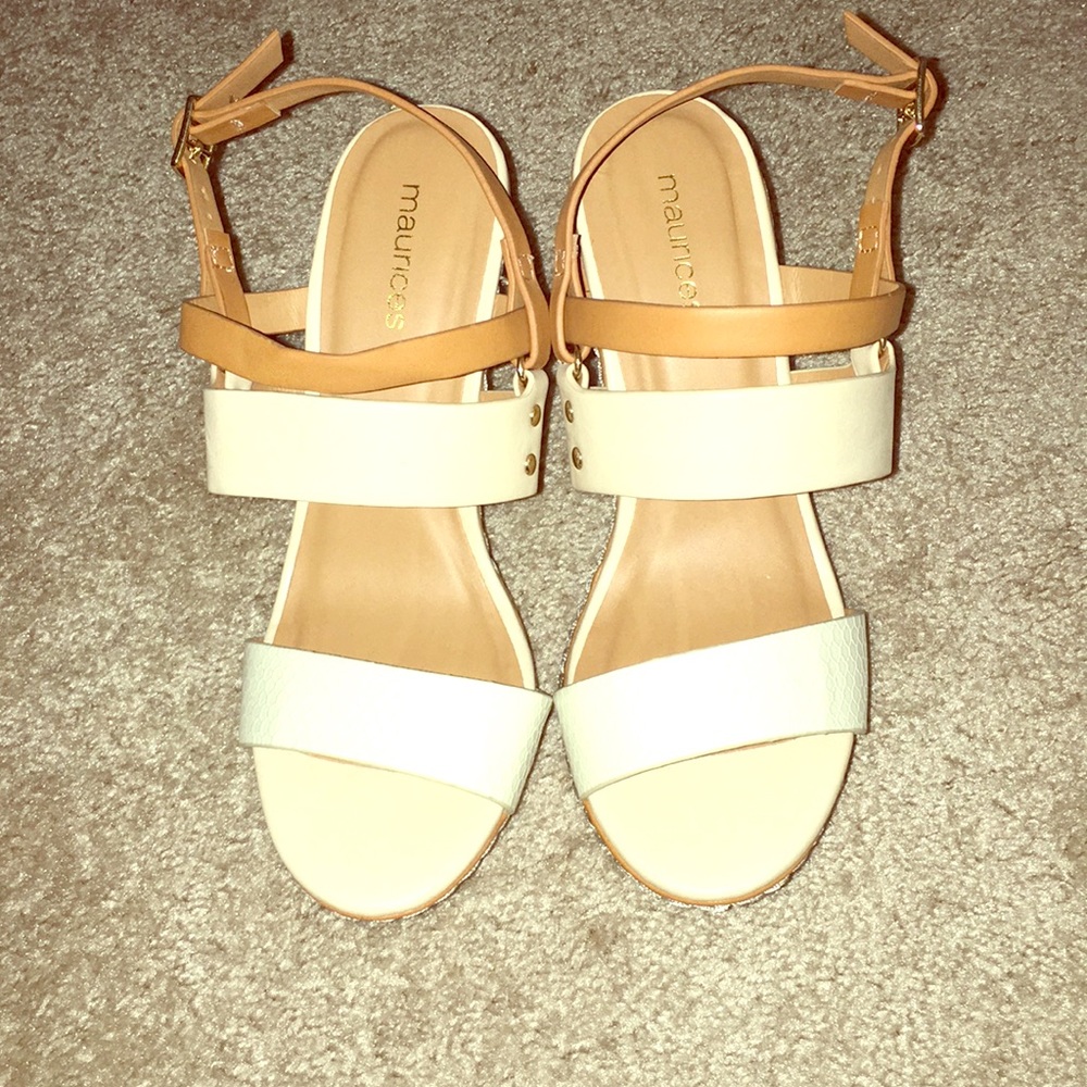Off white and tan wedges. Never worn.