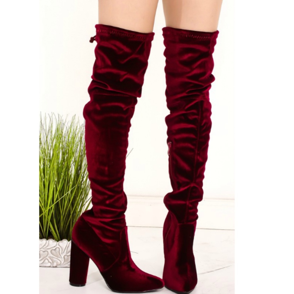 Wine Velvet Thigh High Boots with Block Heel - Picture 3 of 3