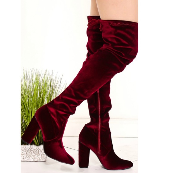 Wine Velvet Thigh High Boots with Block Heel - Picture 2 of 3