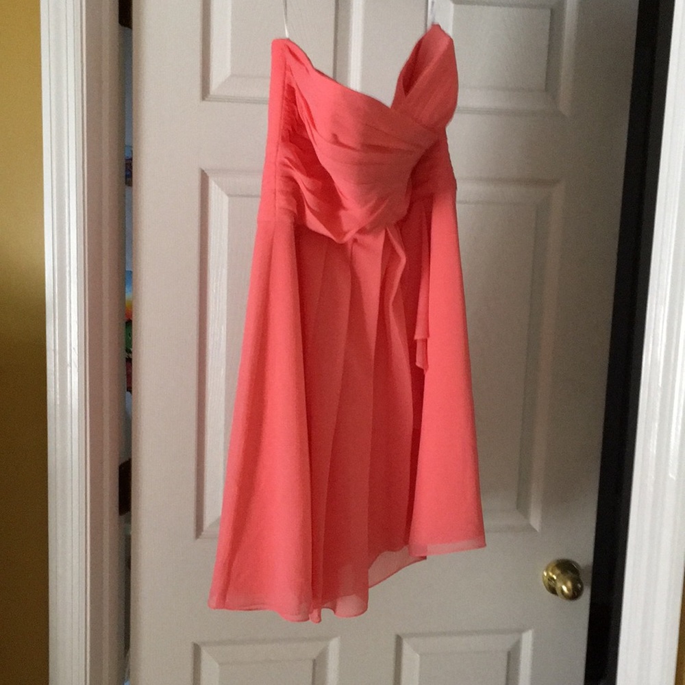 Coral, above knee chiffon dress.