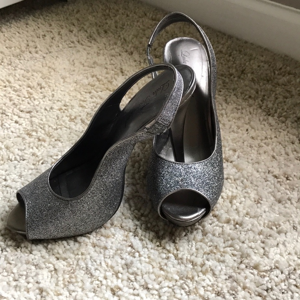 Silver sparkly peep toe heels