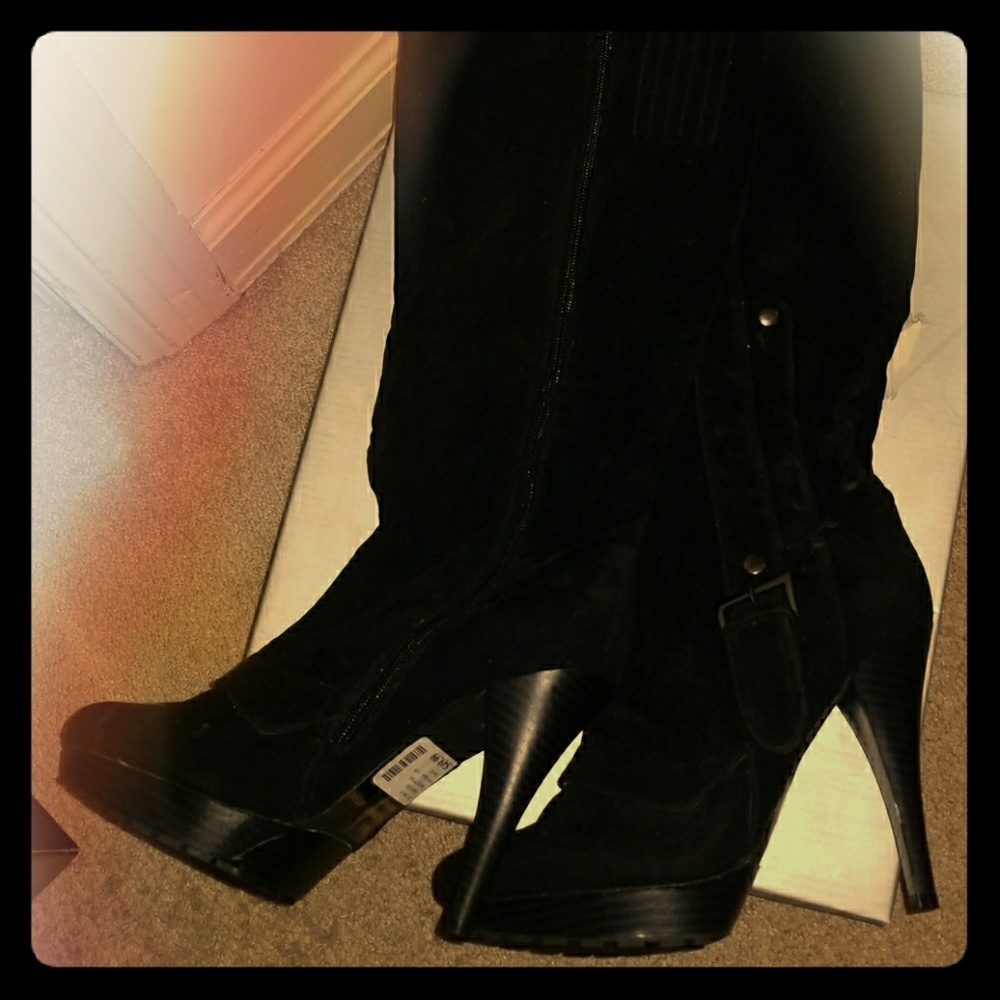 Knee High, High Heel, Black Suede Boots, NWT