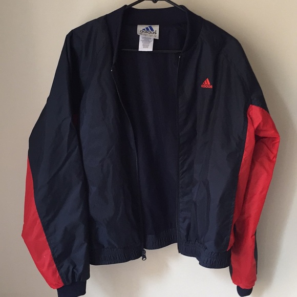 navy blue and red adidas jacket