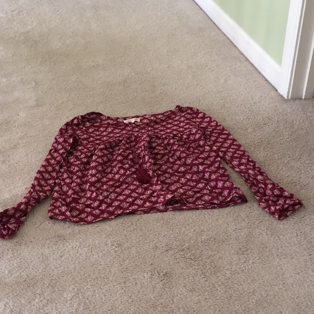 Maroon peasant top with white and pink designs