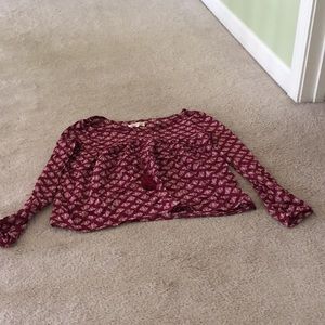 Maroon peasant top with white and pink designs