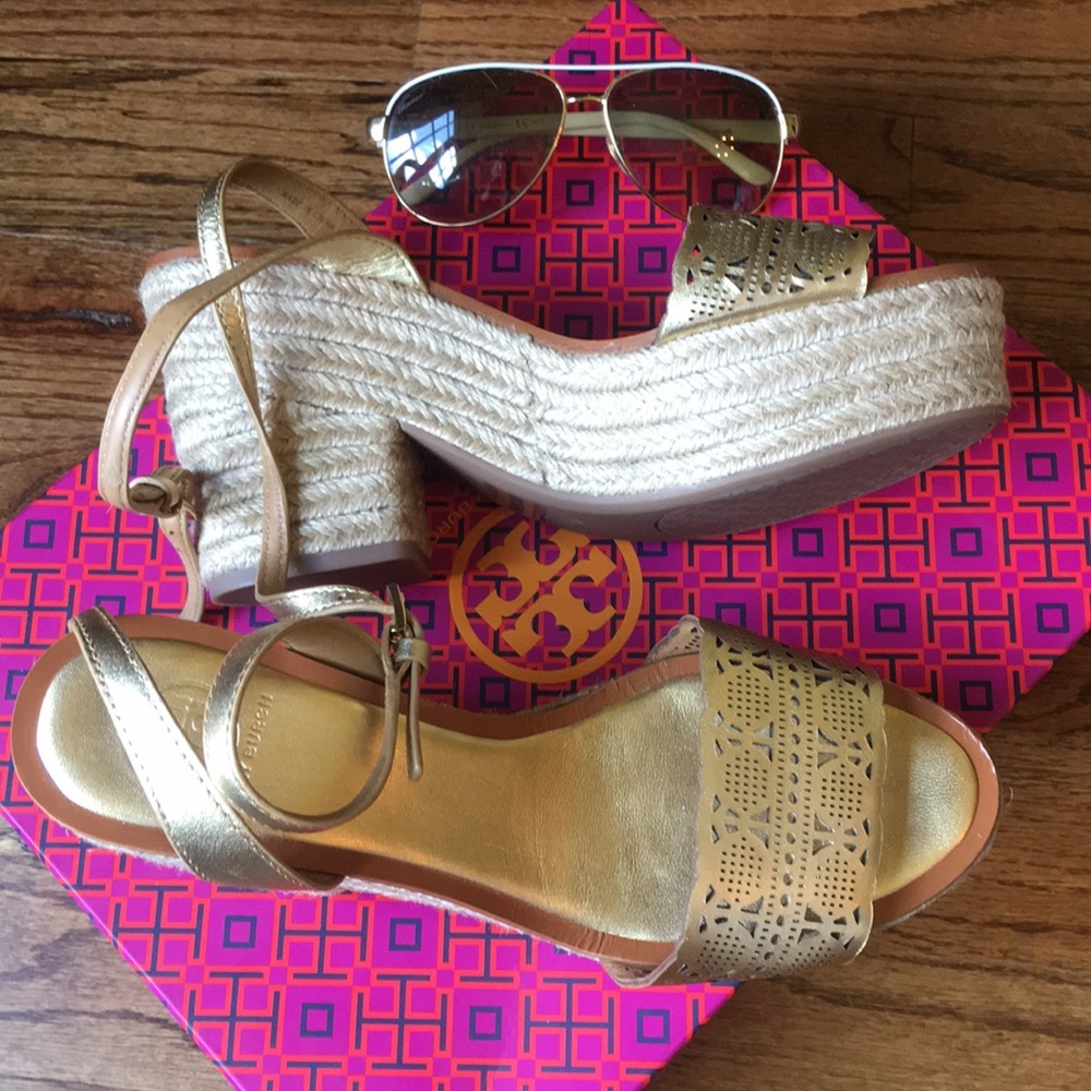 TB ROSELLE METALLIC GOLD PLATFORM ESPADRILLE EUC