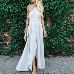 Gorgeous light gray formal halter maxi
