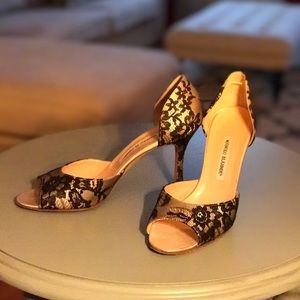 Manolo Blahnik  D'Orsay Champagne & Black Lace