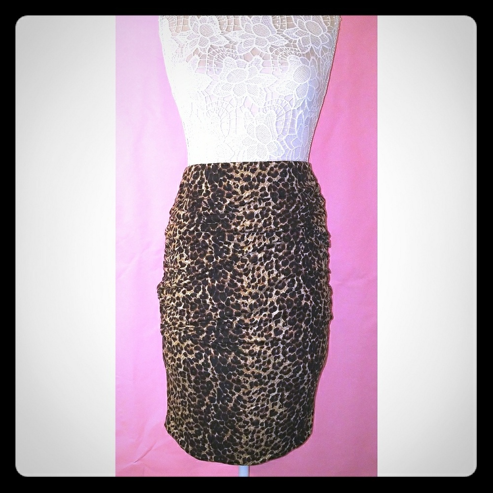 Olivia Moon Leopard Print Ruched Midi Skirt