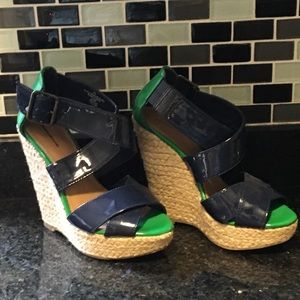 Blue and green wedge heel sandal