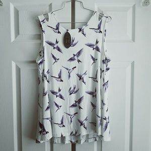 White Tank Top Blouse w Blue Flying Bird Pattern