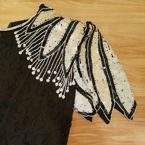 Scala Black Vtg Beaded Sequin Silk Midi Dress Sz 2