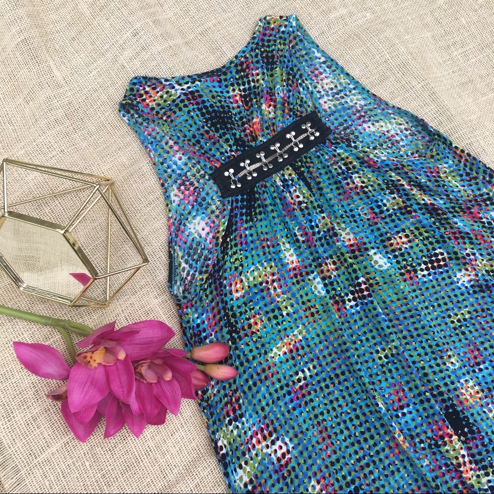 CAbi Dress Tunic Sleeveless Stretch Graphic Blue